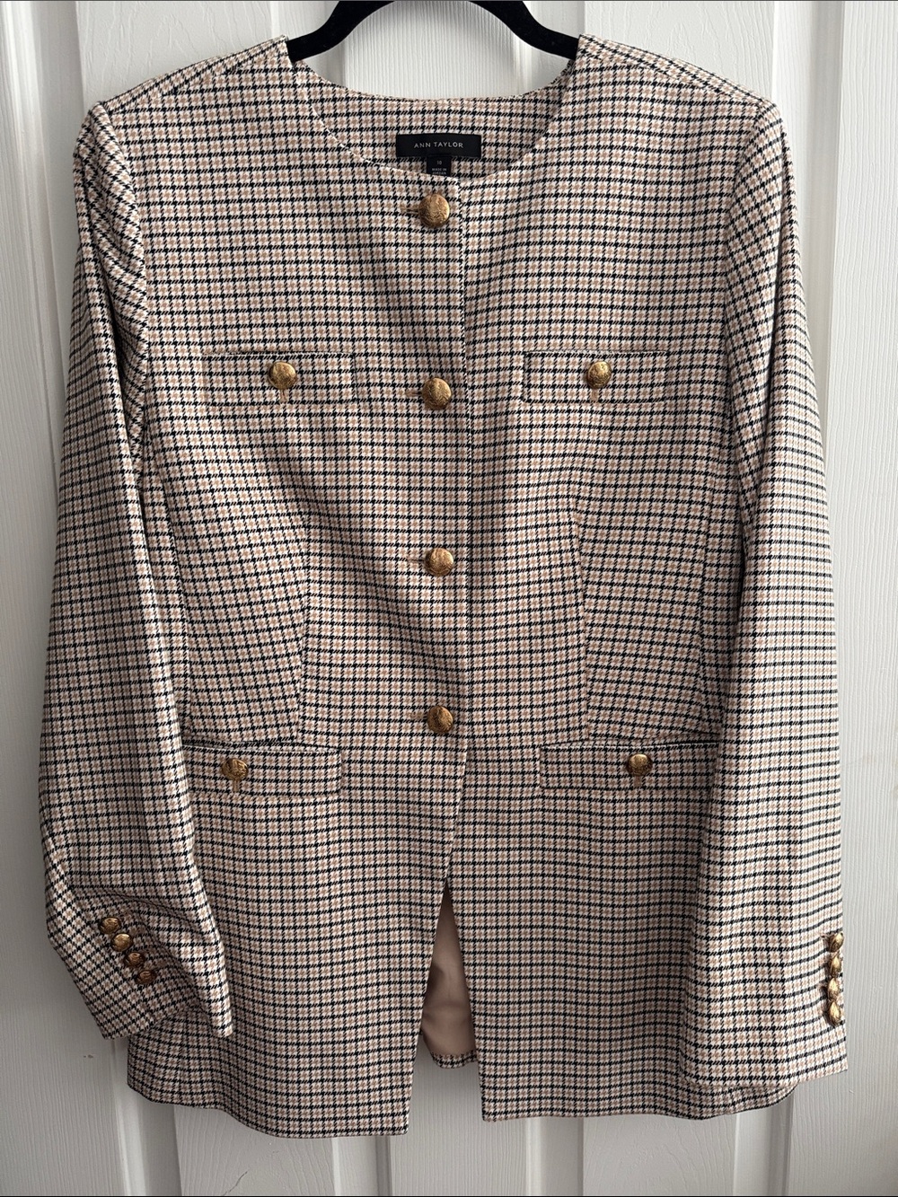 Ann Taylor Plaid Beige and Black Button-Front Blazer